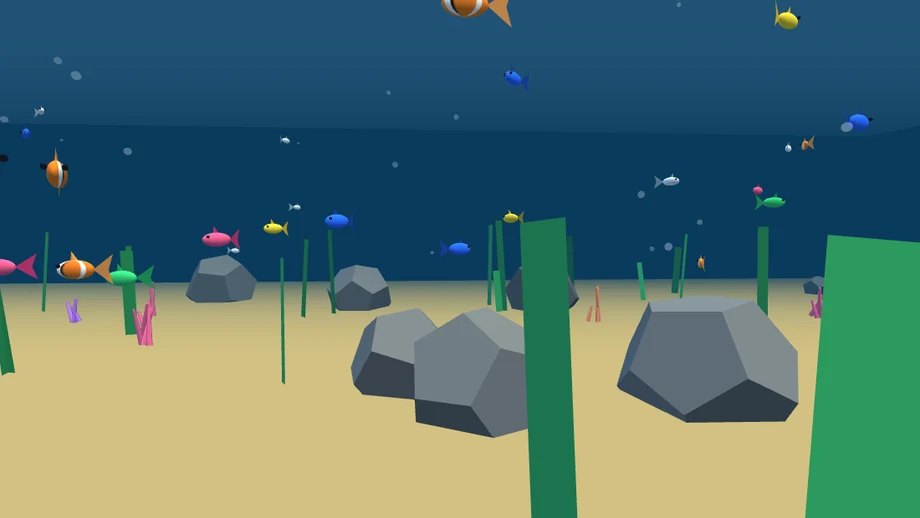 Screenshot of The Aquarium, a Three.js scene on Open Arcade, with colorful fish, coral and seaweed
