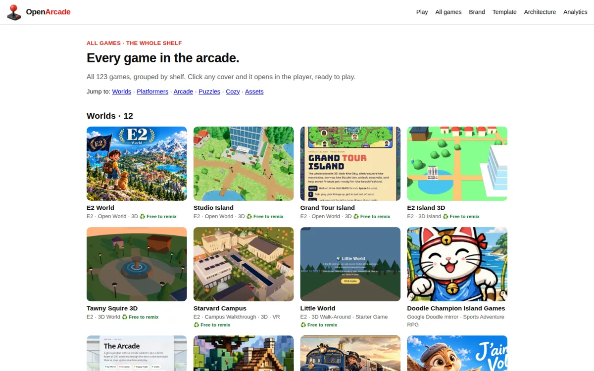 Screenshot of the Open Arcade All Games page, a colorful grid of game covers